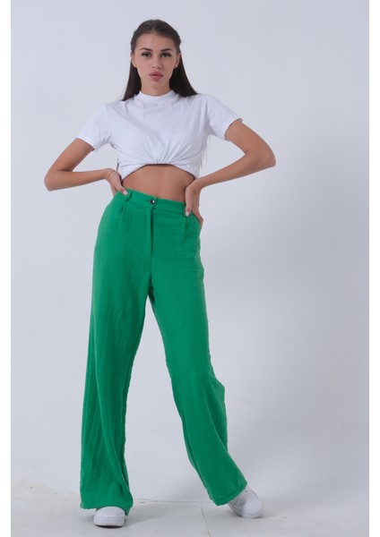 Yeşil Yüksek Bel Bol Paça Keten Pantolon 01020661.07 fiyatları
