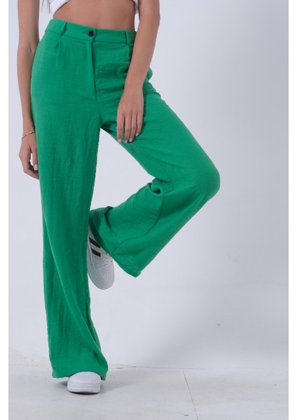 Yeşil Yüksek Bel Bol Paça Keten Pantolon 01020661.07 modelleri