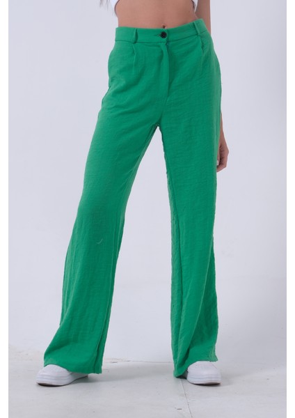 Yeşil Yüksek Bel Bol Paça Keten Pantolon 01020661.07 fırsatları