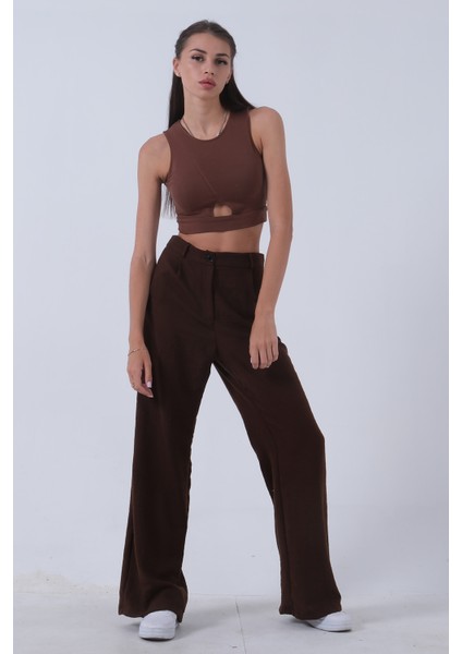 Kahve Yüksek Bel Bol Paça Keten Pantolon 01020661.05 fiyatları