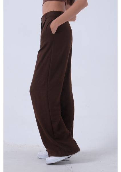 Kahve Yüksek Bel Bol Paça Keten Pantolon 01020661.05 fırsatları