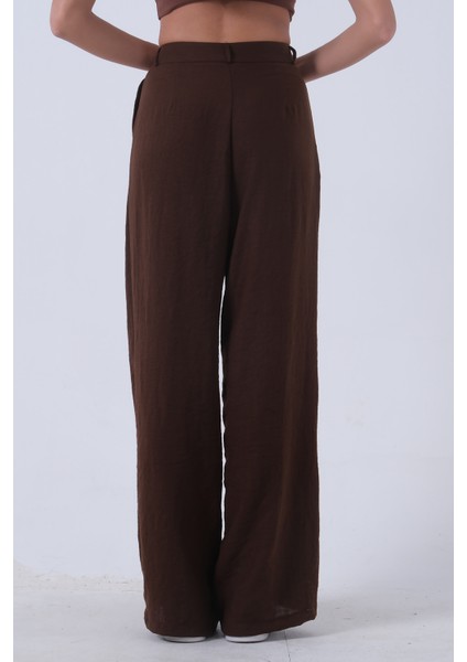 Kahve Yüksek Bel Bol Paça Keten Pantolon 01020661.05 indirimleri