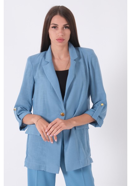 Bebe Mavi Kolları Düğme Toparlamalı Keten Ceket 01051361.449