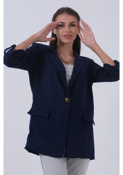 Lacivert Kolları Düğme Toparlamalı Keten Ceket 01051361.02 indirimleri