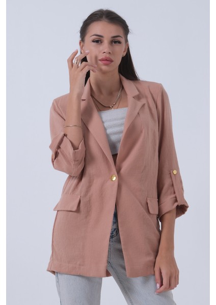 Bej Kolları Düğme Toparlamalı Keten Ceket 01051361.55