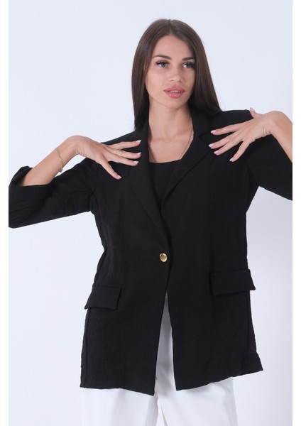 Siyah Kolları Düğme Toparlamalı Keten Ceket 01051361.01