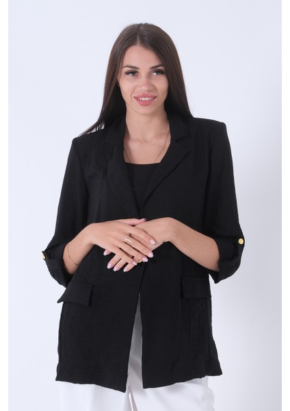 Siyah Kolları Düğme Toparlamalı Keten Ceket 01051361.01 fiyatları