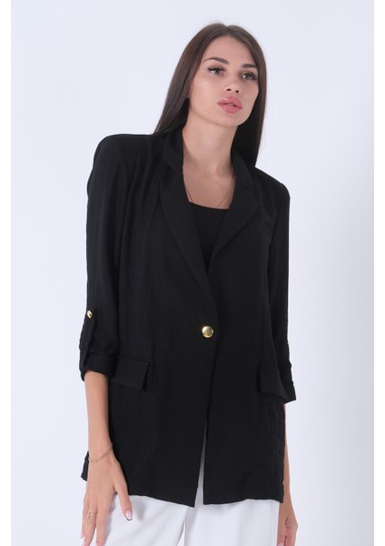 Siyah Kolları Düğme Toparlamalı Keten Ceket 01051361.01 modelleri