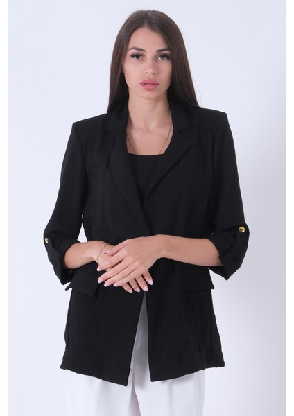 Siyah Kolları Düğme Toparlamalı Keten Ceket 01051361.01 fırsatları