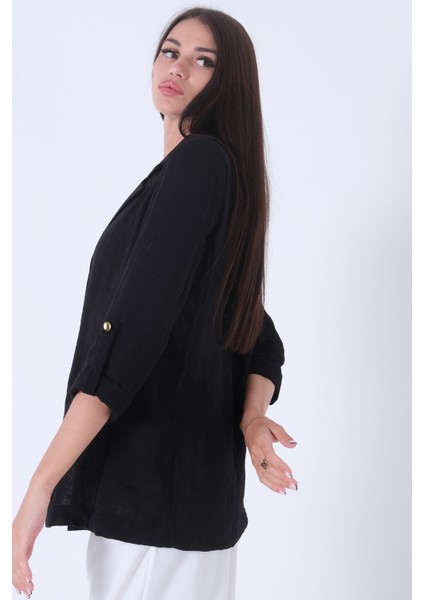 Siyah Kolları Düğme Toparlamalı Keten Ceket 01051361.01 indirimleri