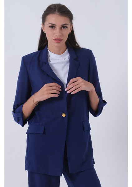 Saks Kolları Düğme Toparlamalı Keten Ceket 01051361.26