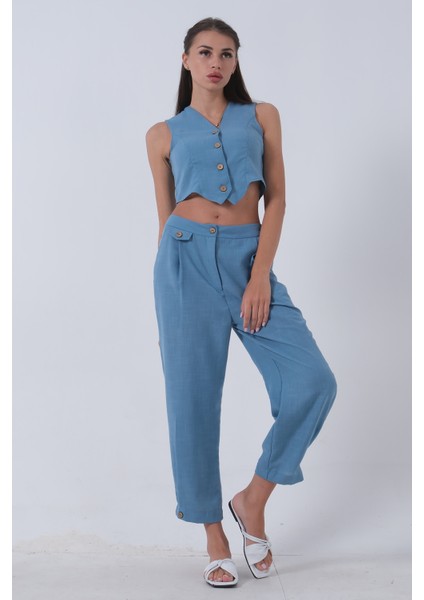 Bebe Mavi Keten Yelekli Takım 0106321.449 fırsatları
