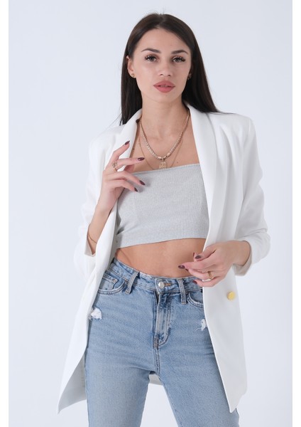 Ekru Şal Yaka Gold Metal Düğmeli Tek Ceket 0105137.147