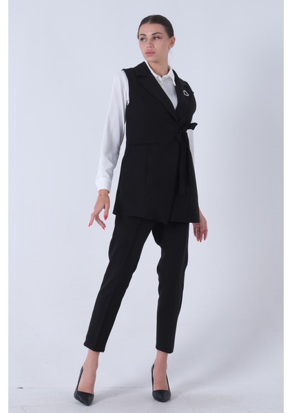 Siyah Kalp Broşlu Gömlek-Yelek-Pantolon 3'lü Takım 4595036.01
