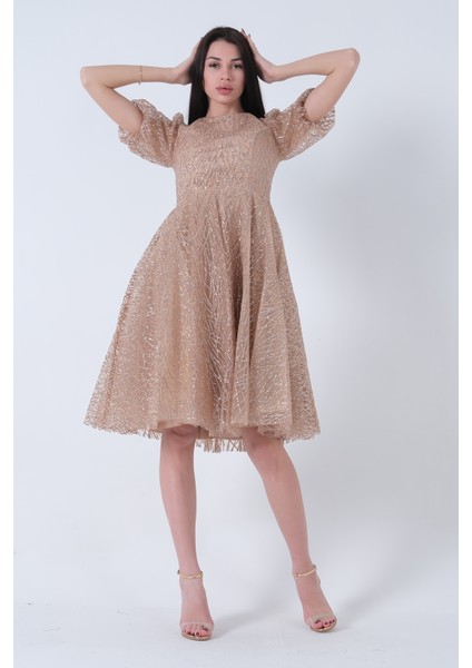 Gold Midi Boy Kısa Yuvarlak Yaka Simli Tül Abiye Elbise 6502459.122