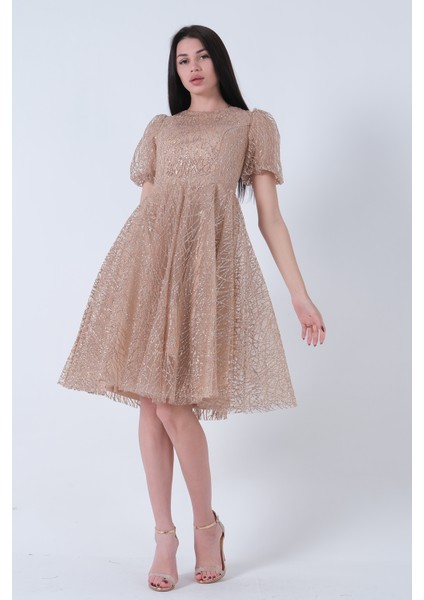 Gold Midi Boy Kısa Yuvarlak Yaka Simli Tül Abiye Elbise 6502459.122