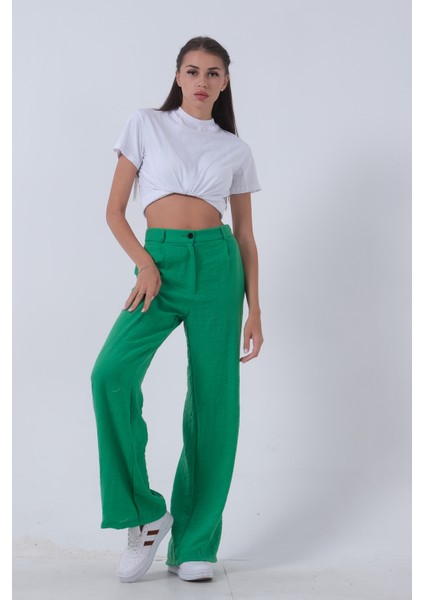 Yeşil Yüksek Bel Bol Paça Keten Pantolon 01020661.07