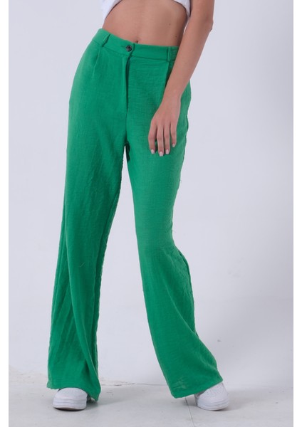 Yeşil Yüksek Bel Bol Paça Keten Pantolon 01020661.07 indirimleri