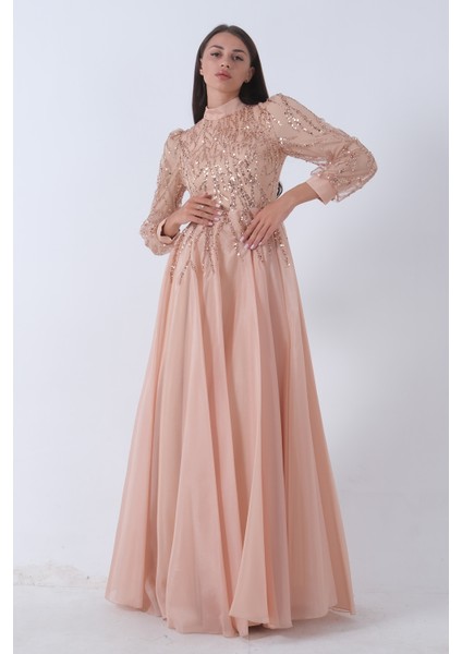 Gold Üzeri Pul Boncuk Işlemeli Tesettür Abiye 6502450.122