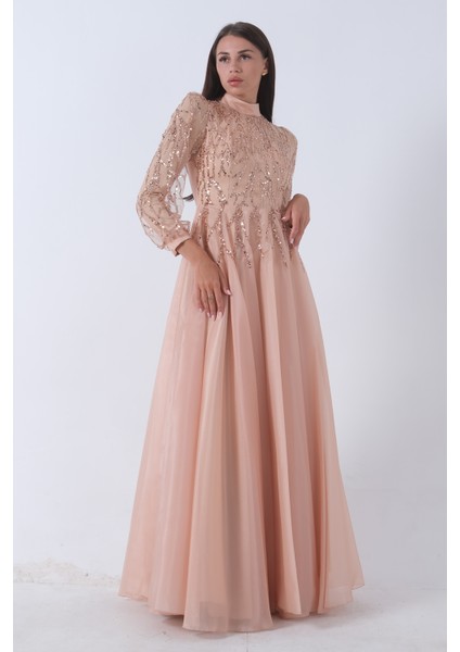 Gold Üzeri Pul Boncuk Işlemeli Tesettür Abiye 6502450.122 modelleri