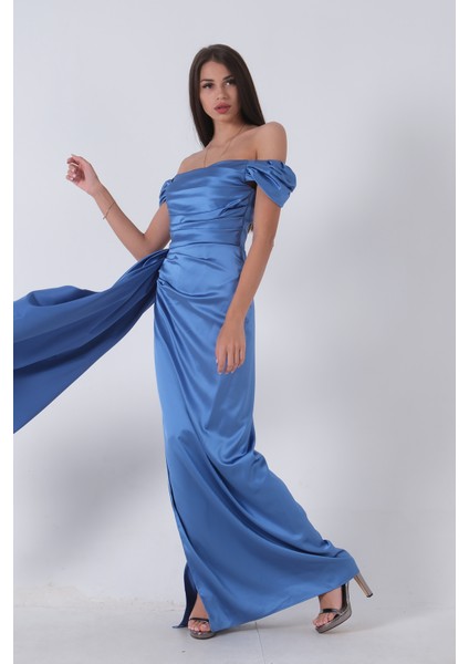 Mavi Drape Detaylı Saten Kumaş Abiye Elbise 9704858.16