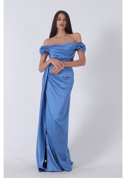 Mavi Drape Detaylı Saten Kumaş Abiye Elbise 9704858.16