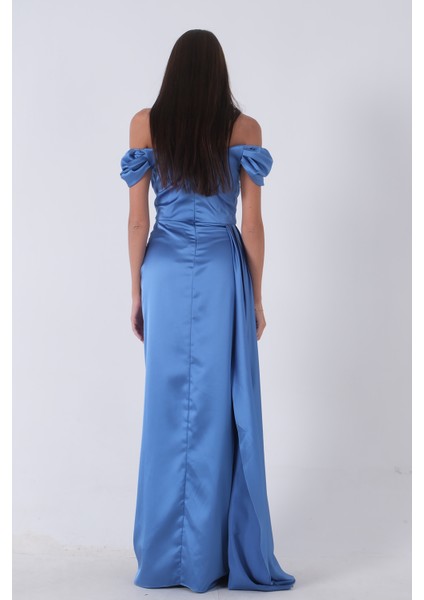 Mavi Drape Detaylı Saten Kumaş Abiye Elbise 9704858.16