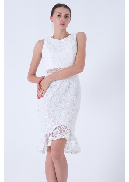 Beyaz Güpür Detaylı Dantel Kalem Midi Boy Abiye Elbise 9705286.15 fiyatları