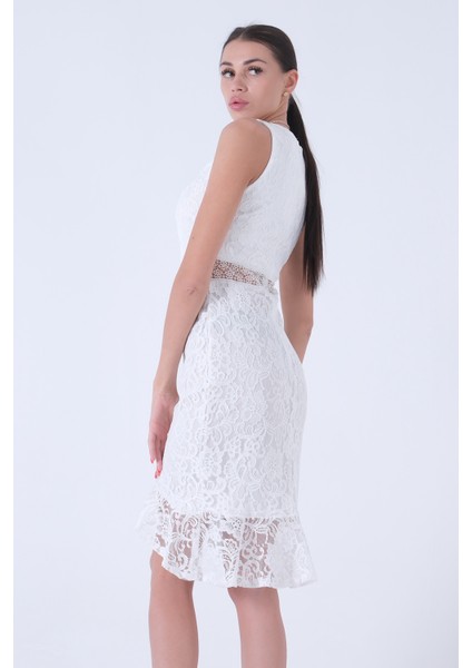 Beyaz Güpür Detaylı Dantel Kalem Midi Boy Abiye Elbise 9705286.15 fırsatları