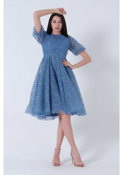 Indigo Midi Boy Kısa Yuvarlak Yaka Simli Tül Abiye Elbise 6502459.98