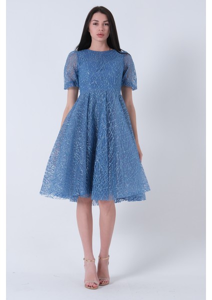 Indigo Midi Boy Kısa Yuvarlak Yaka Simli Tül Abiye Elbise 6502459.98 fiyatları