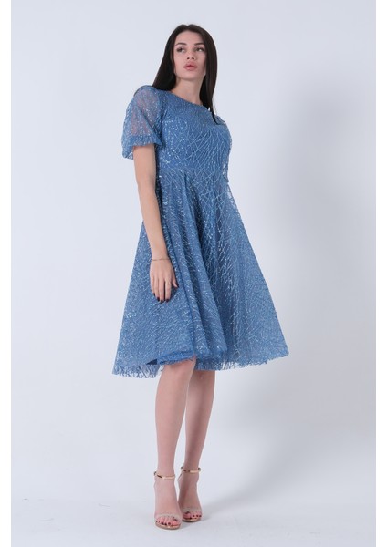 Indigo Midi Boy Kısa Yuvarlak Yaka Simli Tül Abiye Elbise 6502459.98 modelleri