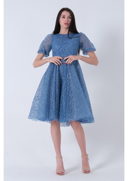 Indigo Midi Boy Kısa Yuvarlak Yaka Simli Tül Abiye Elbise 6502459.98 fırsatları