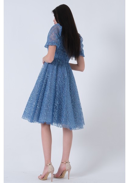 Indigo Midi Boy Kısa Yuvarlak Yaka Simli Tül Abiye Elbise 6502459.98 indirimleri