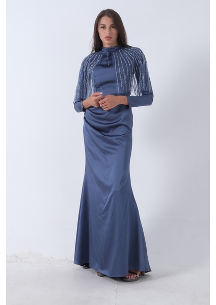 Indigo Yaka Seyyar Şal Ayrobin Eklemeli Tesettür Abiye 6502477.98