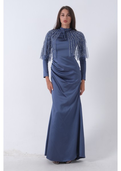 Indigo Yaka Seyyar Şal Ayrobin Eklemeli Tesettür Abiye 6502477.98 fiyatları