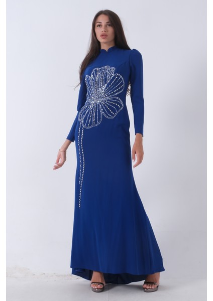 Saks Üzeri Çiçek Desen Boncuk Taş Işlemeli Tesettür Abiye 6502487.26