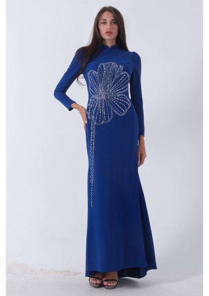 Saks Üzeri Çiçek Desen Boncuk Taş Işlemeli Tesettür Abiye 6502487.26