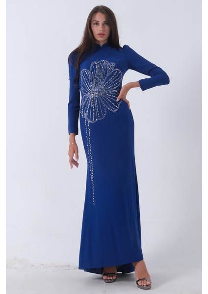Saks Üzeri Çiçek Desen Boncuk Taş Işlemeli Tesettür Abiye 6502487.26