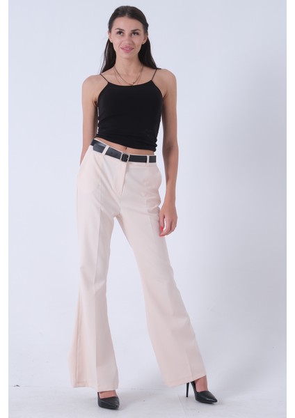 Krem Yüksek Bel Ispanyol Paça Pantolon 0303891.19