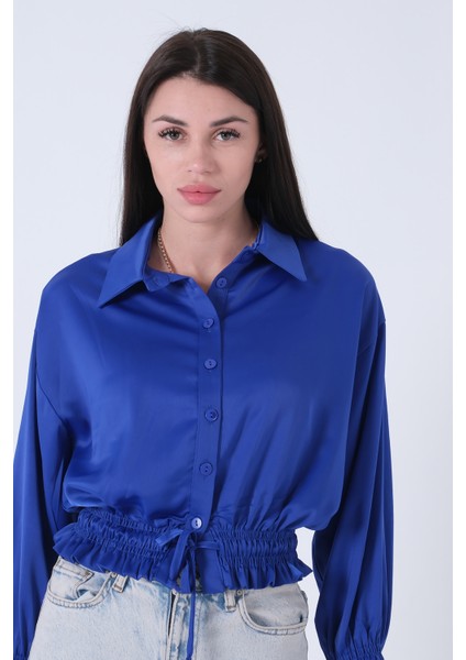 Saks Bel ve Kol Ucu Gipe Detaylı Saten Gömlek 3972863.26