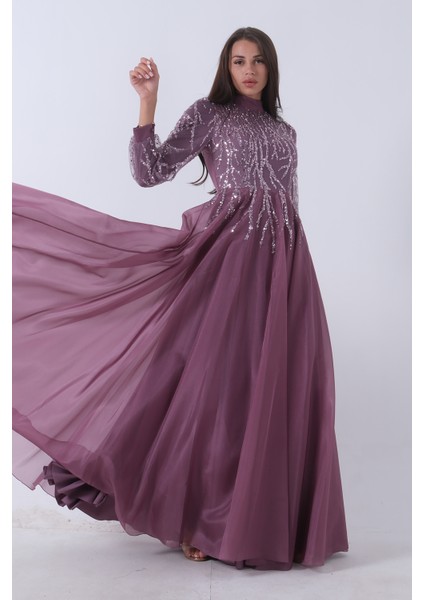 Lavanta Üzeri Pul Boncuk Işlemeli Tesettür Abiye 6502450.333