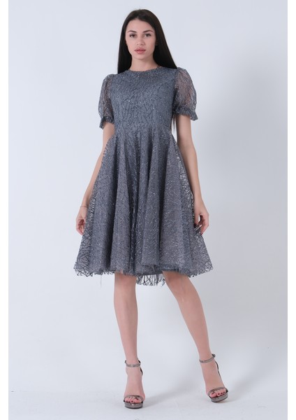 Gri Midi Boy Kısa Yuvarlak Yaka Simli Tül Abiye Elbise 6502459.06