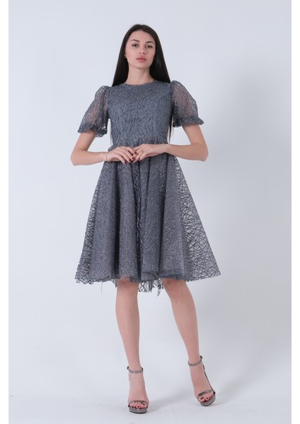 Gri Midi Boy Kısa Yuvarlak Yaka Simli Tül Abiye Elbise 6502459.06 fiyatları