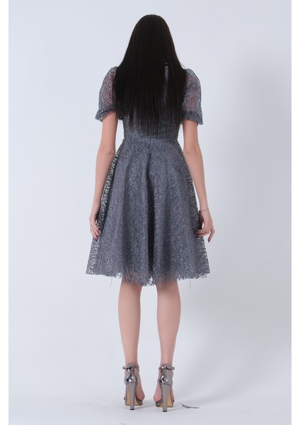 Gri Midi Boy Kısa Yuvarlak Yaka Simli Tül Abiye Elbise 6502459.06 fırsatları