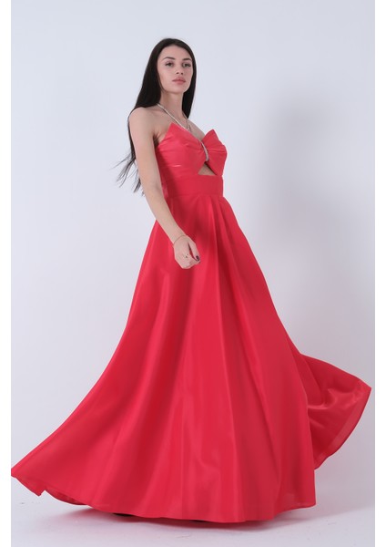 Kırmızı Taş Askılı Parlak Saten Kumaş Bel Dekolteli Abiye 9705261.08