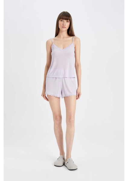 Pijama Takımı Ribana Askılı Pijama Üstü Esnek Belli Şortlu Pijama Altı-Fall in Love C7996AX24HS
