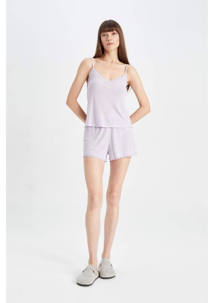 Pijama Takımı Ribana Askılı Pijama Üstü Esnek Belli Şortlu Pijama Altı-Fall in Love C7996AX24HS