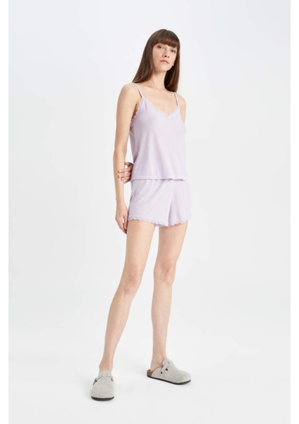Pijama Takımı Ribana Askılı Pijama Üstü Esnek Belli Şortlu Pijama Altı-Fall in Love C7996AX24HS