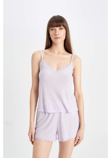 Pijama Takımı Ribana Askılı Pijama Üstü Esnek Belli Şortlu Pijama Altı-Fall in Love C7996AX24HS